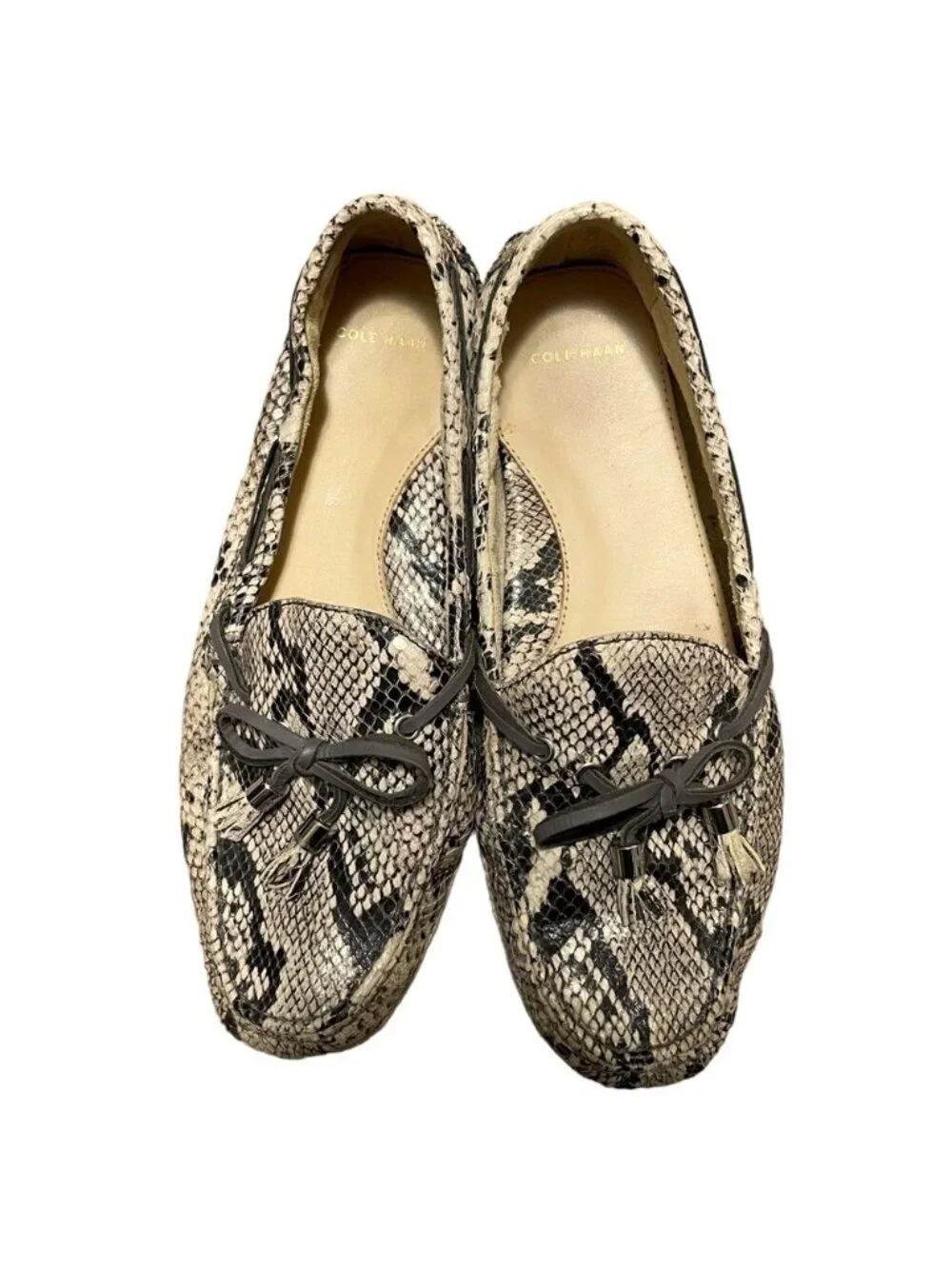 Cole Haan Garnet Snakeprint Loafers Brown Black Leather Mocs Tassel Size 7.5